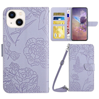 For iPhone 14 Plus 6.7 inch Imprinting Butterfly Flowers PU Leather Case with Shoulder Strap, Wallet Stand Phone Shell