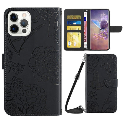 For iPhone 14 Pro Max 6.7 inch Imprinting Butterfly Flowers PU Leather Wallet Stand Phone Case Magnetic Closure Cover with Shoulder Strap