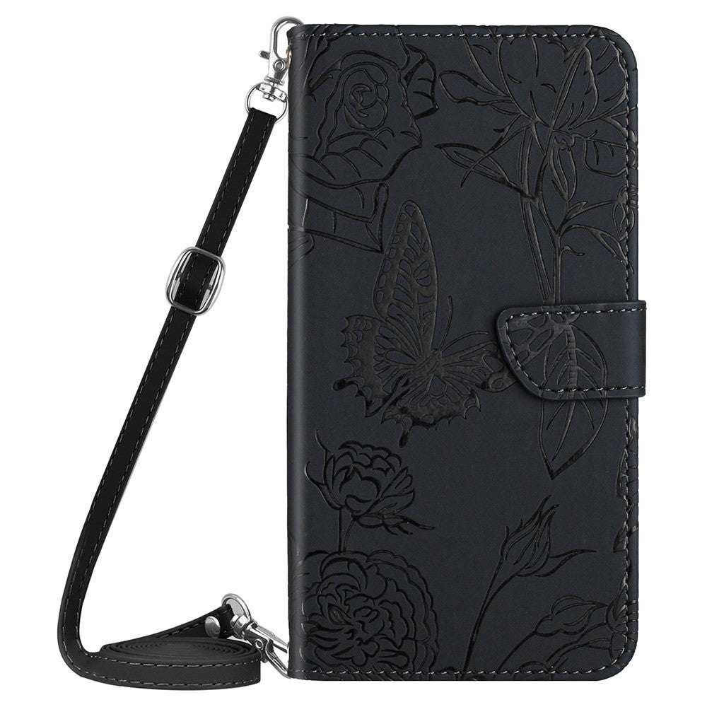 For iPhone 14 Pro Max 6.7 inch Imprinting Butterfly Flowers PU Leather Wallet Stand Phone Case Magnetic Closure Cover with Shoulder Strap