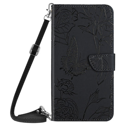 For iPhone 14 Pro Max 6.7 inch Imprinting Butterfly Flowers PU Leather Wallet Stand Phone Case Magnetic Closure Cover with Shoulder Strap