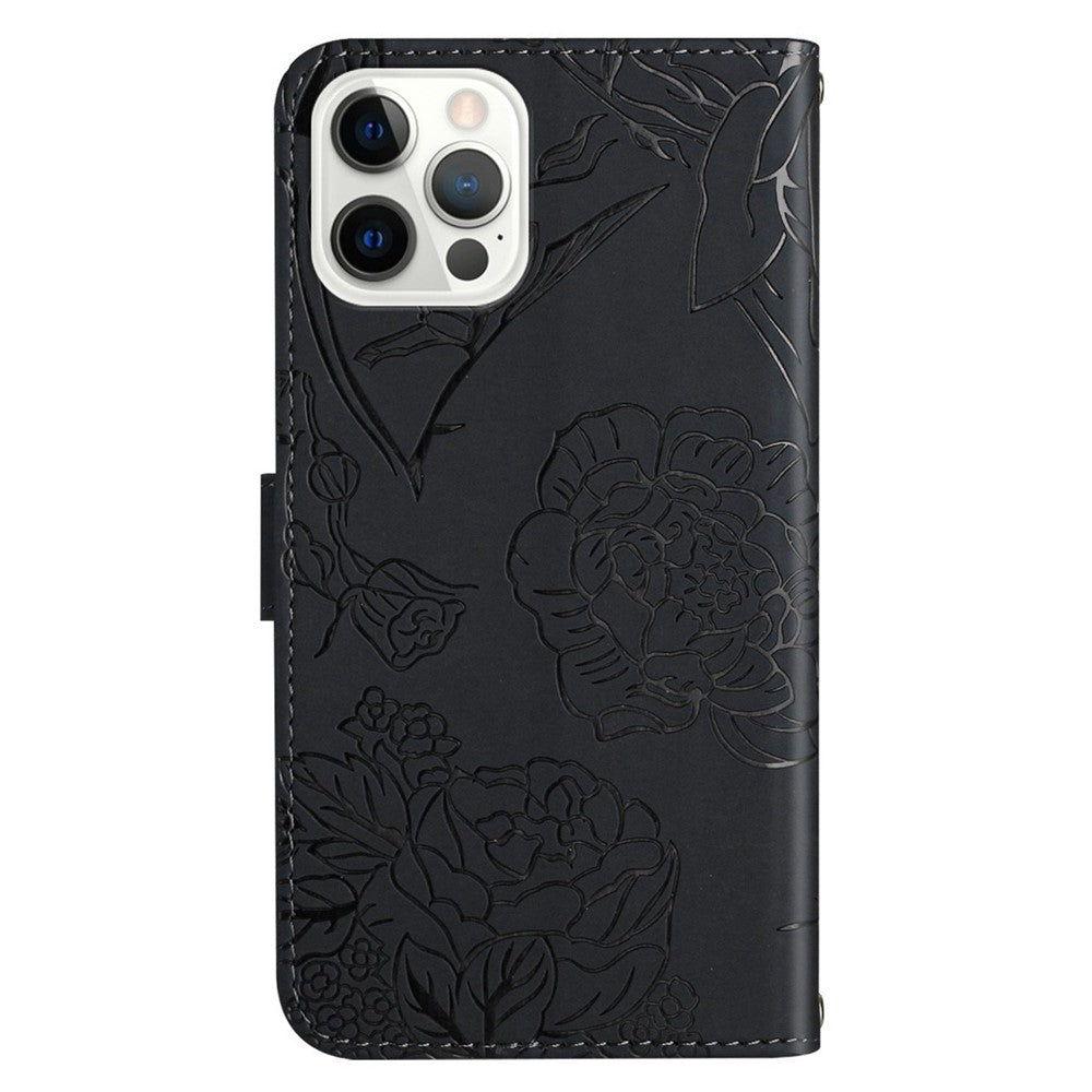 For iPhone 14 Pro Max 6.7 inch Imprinting Butterfly Flowers PU Leather Wallet Stand Phone Case Magnetic Closure Cover with Shoulder Strap