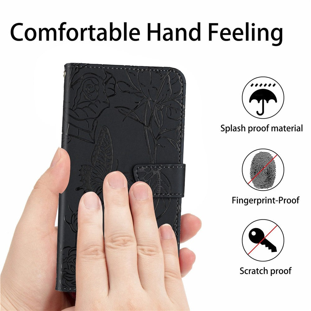 For iPhone 14 Pro Max 6.7 inch Imprinting Butterfly Flowers PU Leather Wallet Stand Phone Case Magnetic Closure Cover with Shoulder Strap