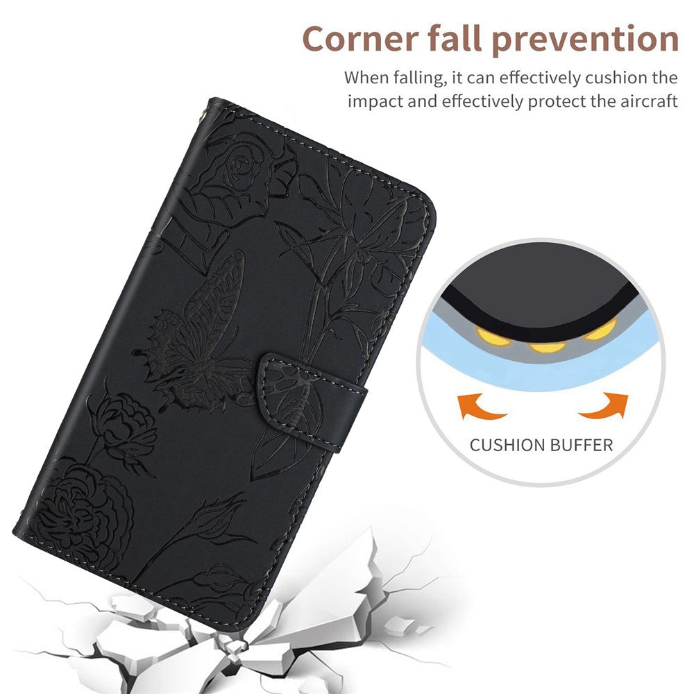 For iPhone 14 Pro Max 6.7 inch Imprinting Butterfly Flowers PU Leather Wallet Stand Phone Case Magnetic Closure Cover with Shoulder Strap