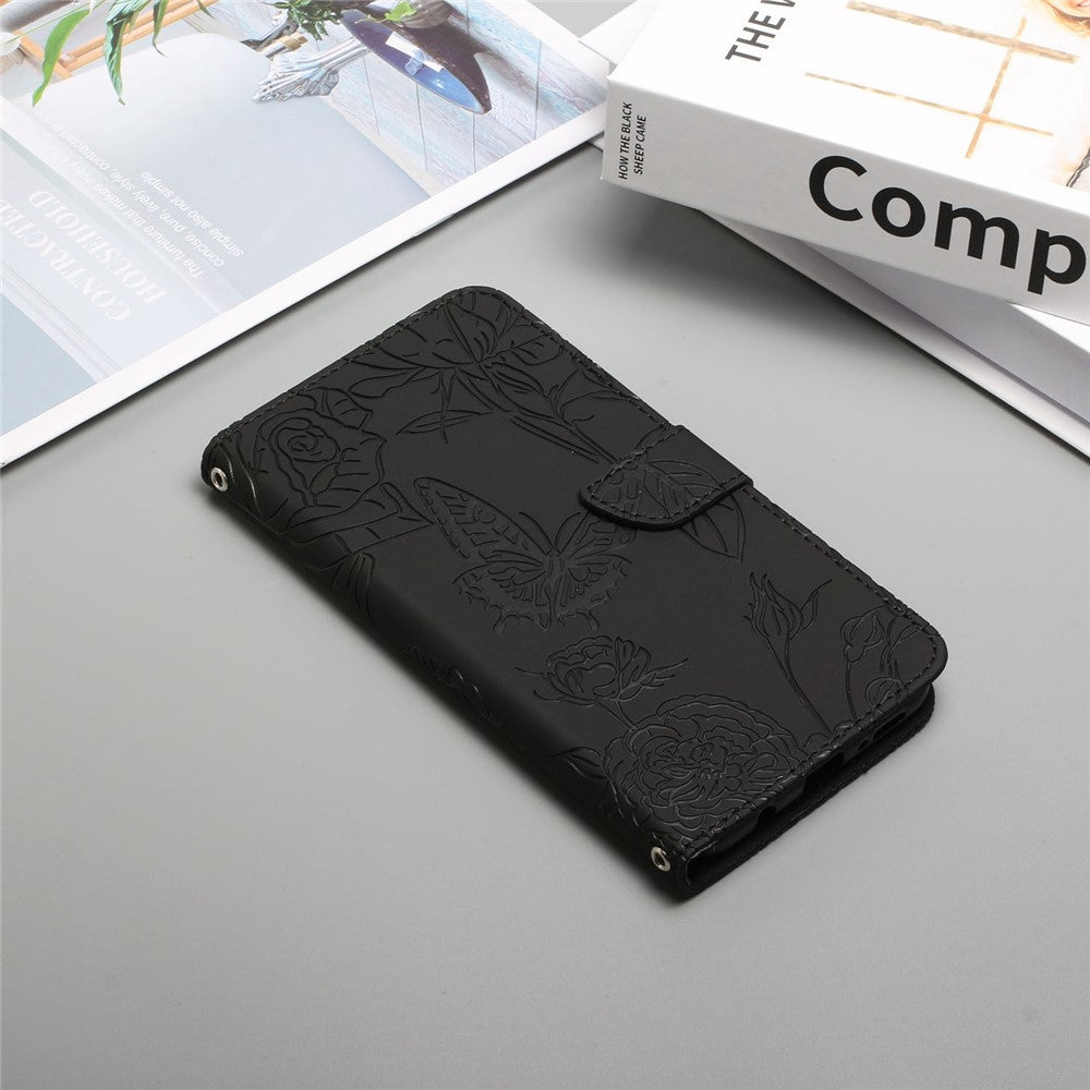 For iPhone 14 Pro Max 6.7 inch Imprinting Butterfly Flowers PU Leather Wallet Stand Phone Case Magnetic Closure Cover with Shoulder Strap
