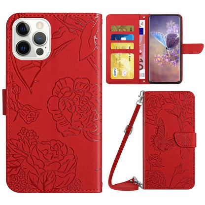 For iPhone 14 Pro Max 6.7 inch Imprinting Butterfly Flowers PU Leather Wallet Stand Phone Case Magnetic Closure Cover with Shoulder Strap