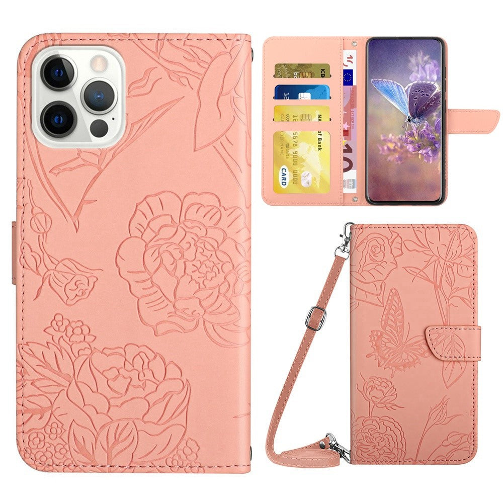 For iPhone 14 Pro Max 6.7 inch Imprinting Butterfly Flowers PU Leather Wallet Stand Phone Case Magnetic Closure Cover with Shoulder Strap
