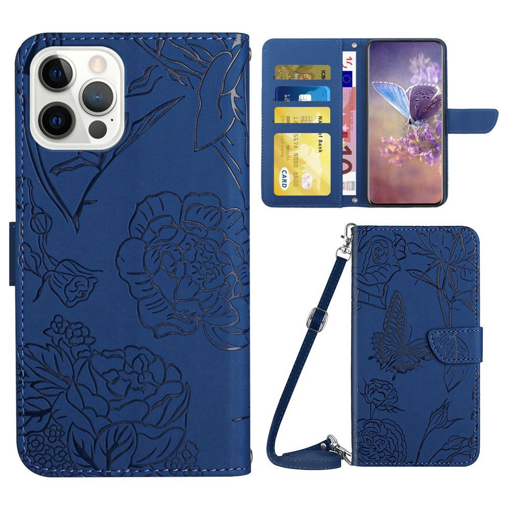 For iPhone 14 Pro Max 6.7 inch Imprinting Butterfly Flowers PU Leather Wallet Stand Phone Case Magnetic Closure Cover with Shoulder Strap