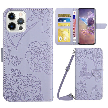 For iPhone 14 Pro Max 6.7 inch Imprinting Butterfly Flowers PU Leather Wallet Stand Phone Case Magnetic Closure Cover with Shoulder Strap