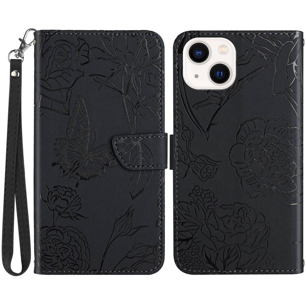 Imprinting Butterfly Flowers Phone Cover for iPhone 14 Plus 6.7 inch, PU Leather Stand Wallet Protective Case with Handy Strap