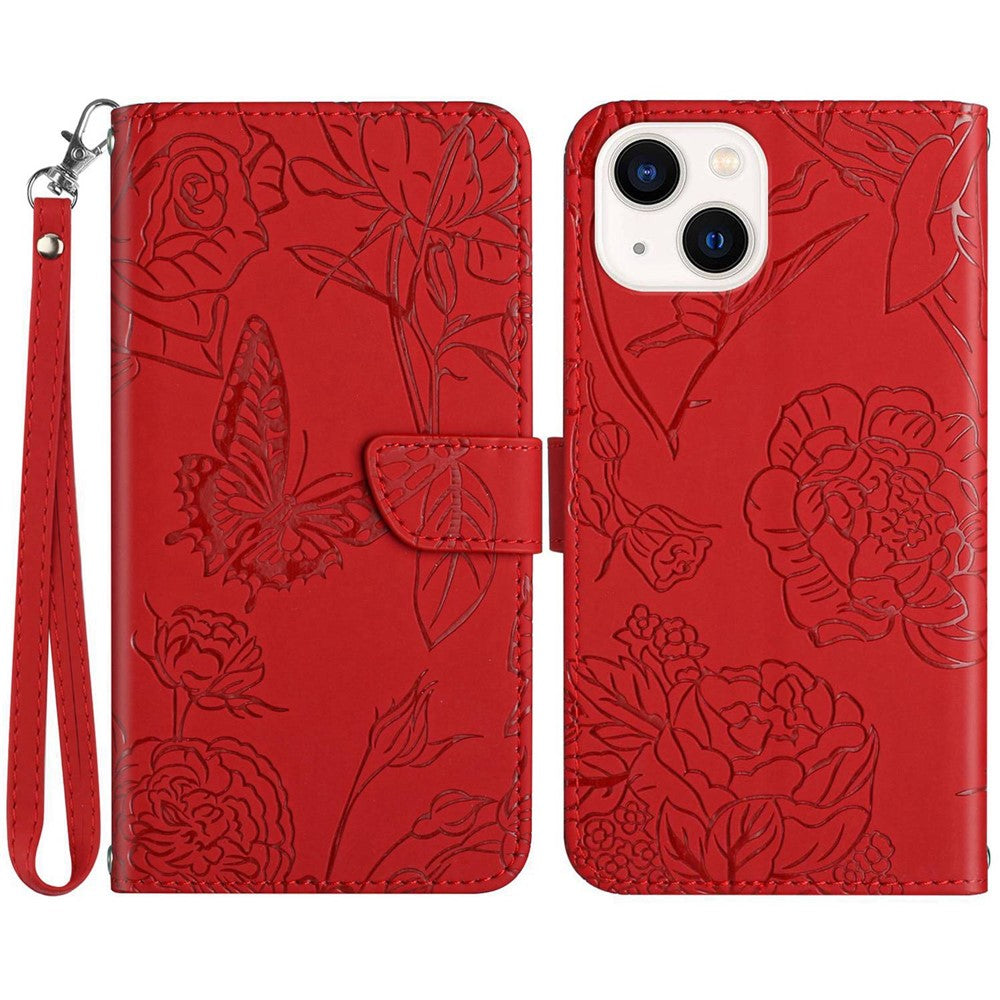 Imprinting Butterfly Flowers Phone Cover for iPhone 14 Plus 6.7 inch, PU Leather Stand Wallet Protective Case with Handy Strap