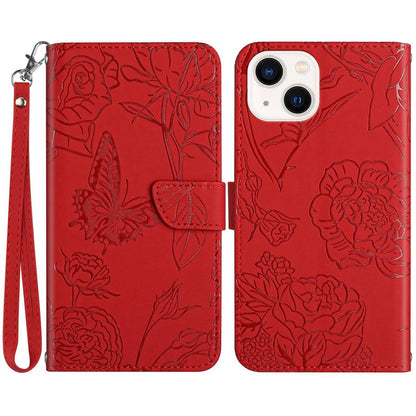 Imprinting Butterfly Flowers Phone Cover for iPhone 14 Plus 6.7 inch, PU Leather Stand Wallet Protective Case with Handy Strap