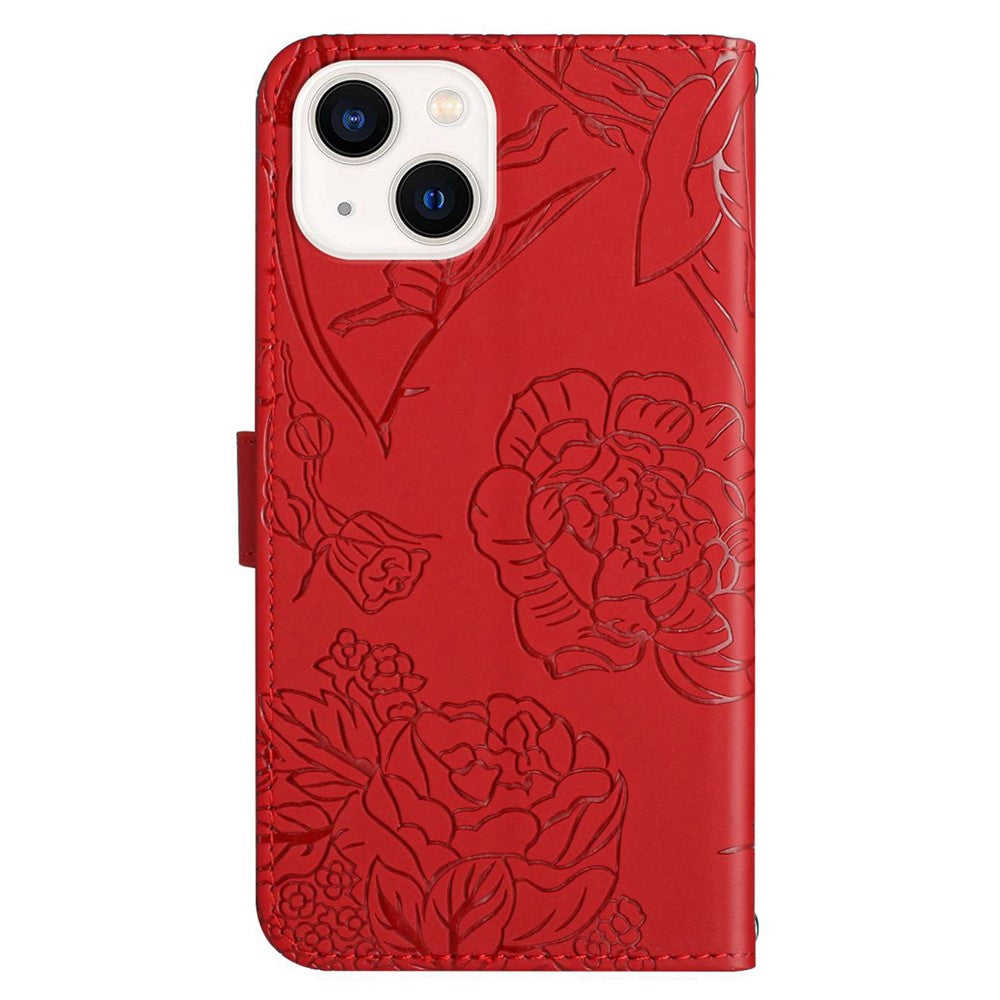 Imprinting Butterfly Flowers Phone Cover for iPhone 14 Plus 6.7 inch, PU Leather Stand Wallet Protective Case with Handy Strap