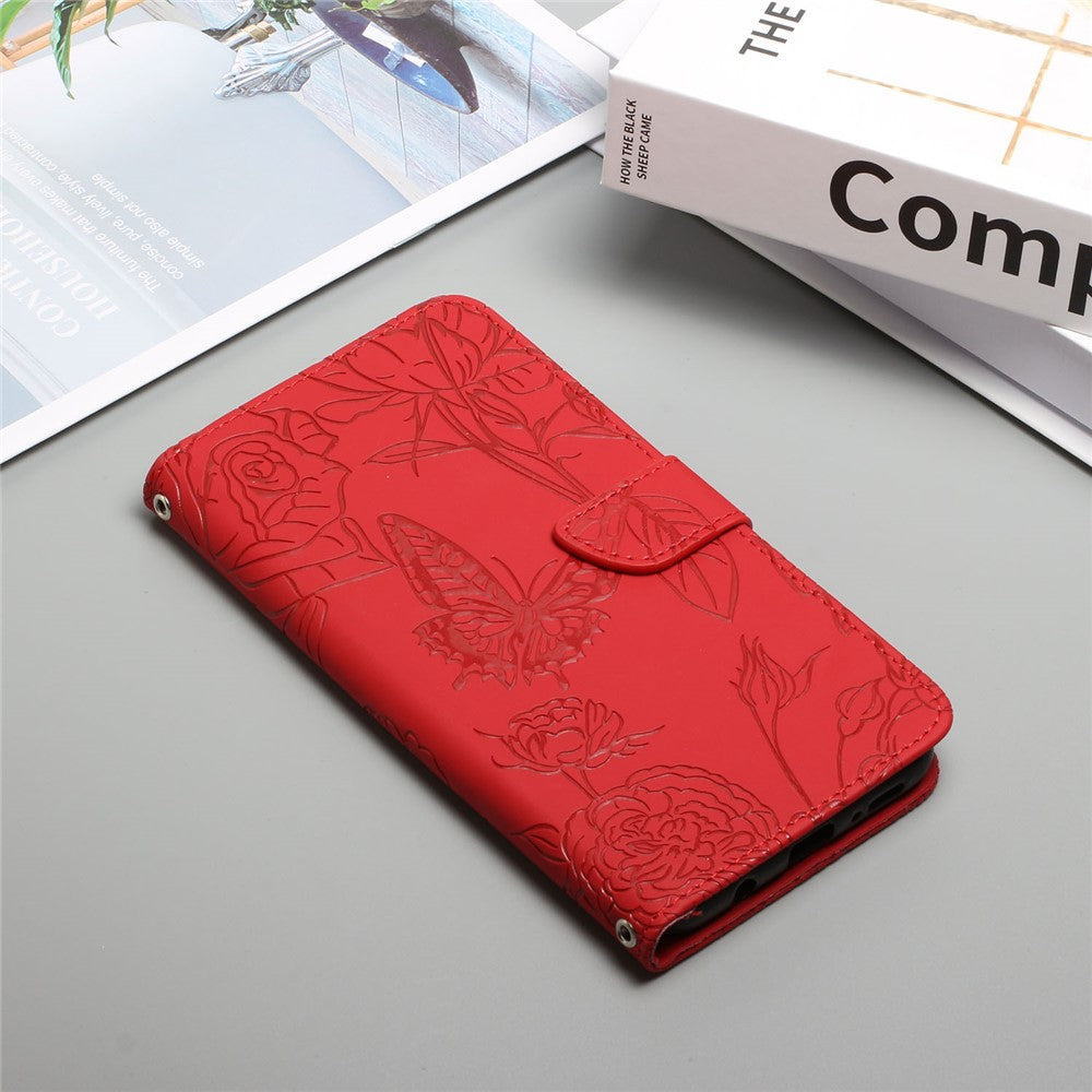 Imprinting Butterfly Flowers Phone Cover for iPhone 14 Plus 6.7 inch, PU Leather Stand Wallet Protective Case with Handy Strap