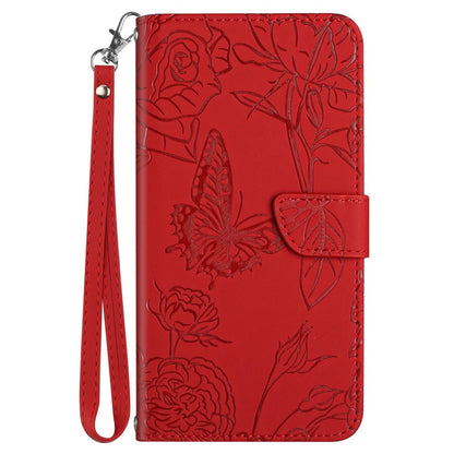 Imprinting Butterfly Flowers Phone Cover for iPhone 14 Plus 6.7 inch, PU Leather Stand Wallet Protective Case with Handy Strap
