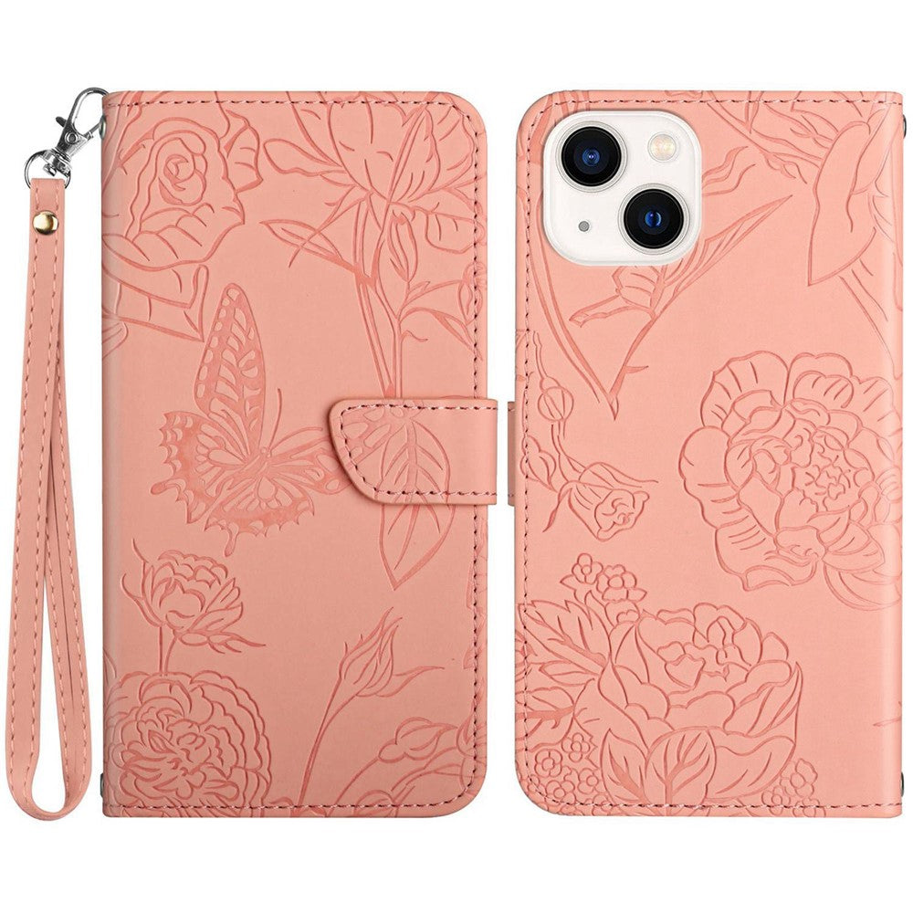 Imprinting Butterfly Flowers Phone Cover for iPhone 14 Plus 6.7 inch, PU Leather Stand Wallet Protective Case with Handy Strap