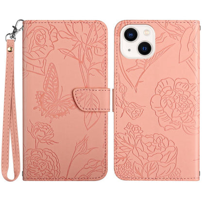 Imprinting Butterfly Flowers Phone Cover for iPhone 14 Plus 6.7 inch, PU Leather Stand Wallet Protective Case with Handy Strap
