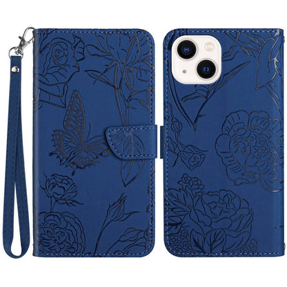 Imprinting Butterfly Flowers Phone Cover for iPhone 14 Plus 6.7 inch, PU Leather Stand Wallet Protective Case with Handy Strap