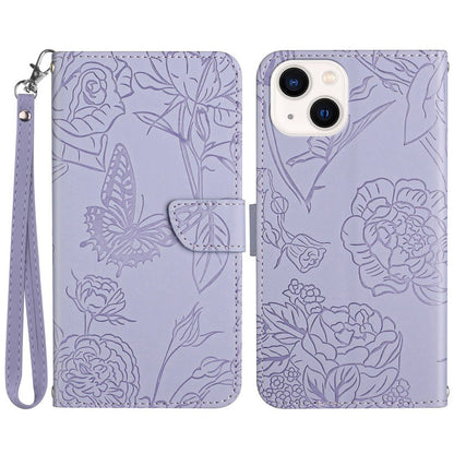 Imprinting Butterfly Flowers Phone Cover for iPhone 14 Plus 6.7 inch, PU Leather Stand Wallet Protective Case with Handy Strap
