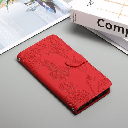 For iPhone 14 6.1 inch Imprinting Butterfly Flowers Skin-touch Phone Case PU Leather Stand Wallet Shell with Handy Strap