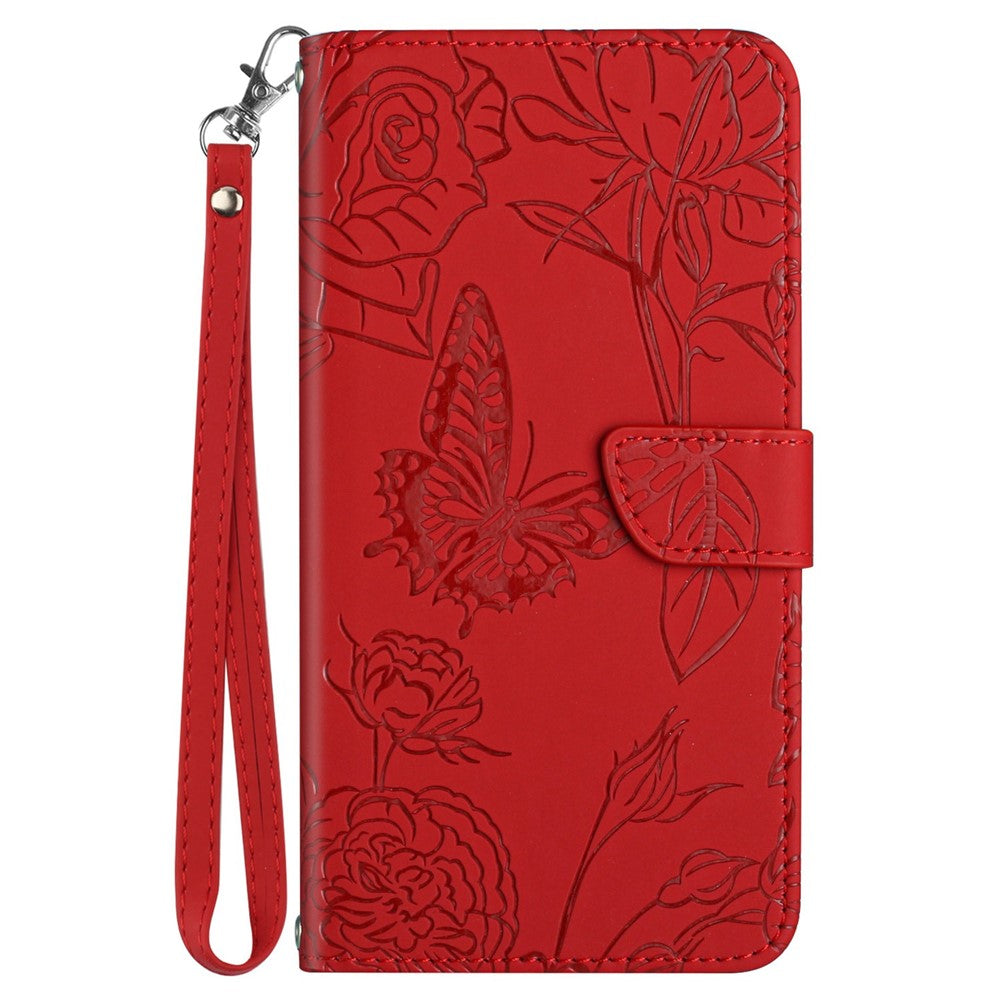 For iPhone 14 6.1 inch Imprinting Butterfly Flowers Skin-touch Phone Case PU Leather Stand Wallet Shell with Handy Strap