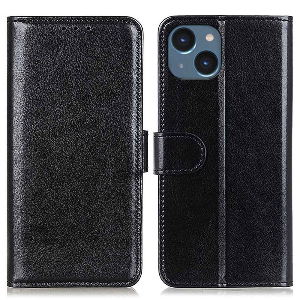 For iPhone 14 6.1 inch Crazy Horse Texture Phone Cover Shockproof Stand Case PU Leather Wallet Magnetic Protective Shell with Card Slots- Black