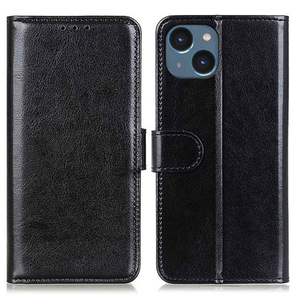 For iPhone 14 6.1 inch Crazy Horse Texture Phone Cover Shockproof Stand Case PU Leather Wallet Magnetic Protective Shell with Card Slots- Black