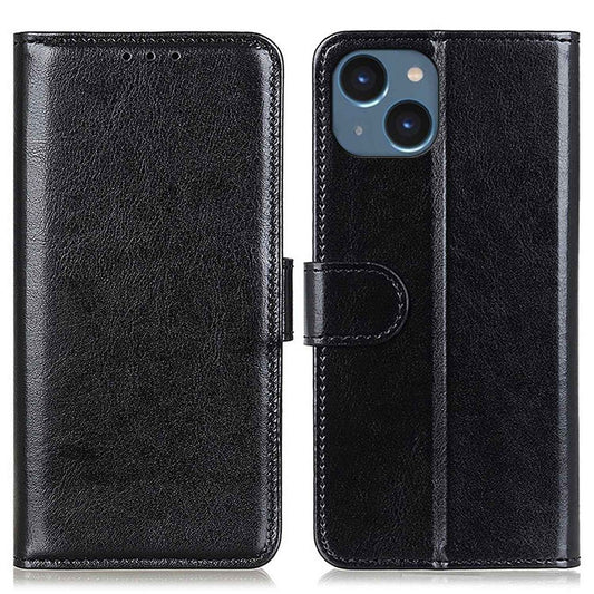 For iPhone 14 6.1 inch Crazy Horse Texture Phone Cover Shockproof Stand Case PU Leather Wallet Magnetic Protective Shell with Card Slots- Black