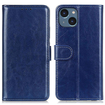 For iPhone 14 6.1 inch Crazy Horse Texture Phone Cover Shockproof Stand Case PU Leather Wallet Magnetic Protective Shell with Card Slots- Black