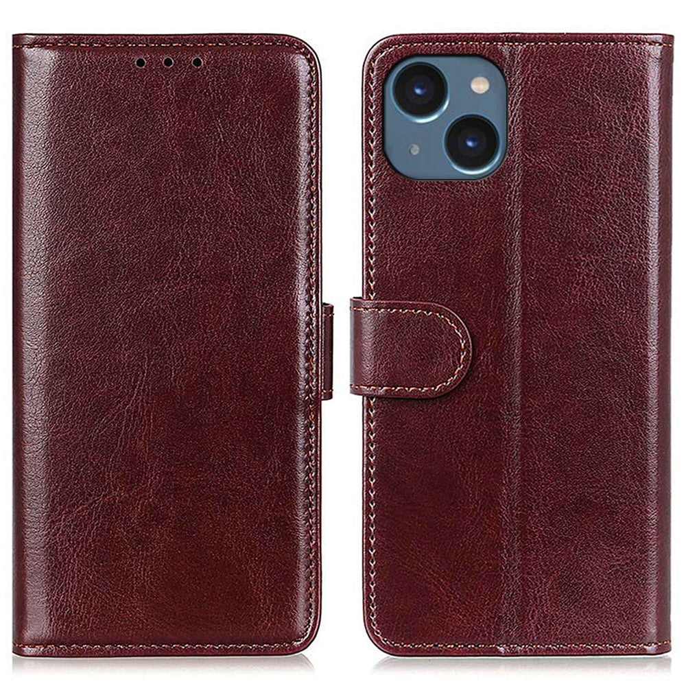 For iPhone 14 6.1 inch Crazy Horse Texture Phone Cover Shockproof Stand Case PU Leather Wallet Magnetic Protective Shell with Card Slots- Black