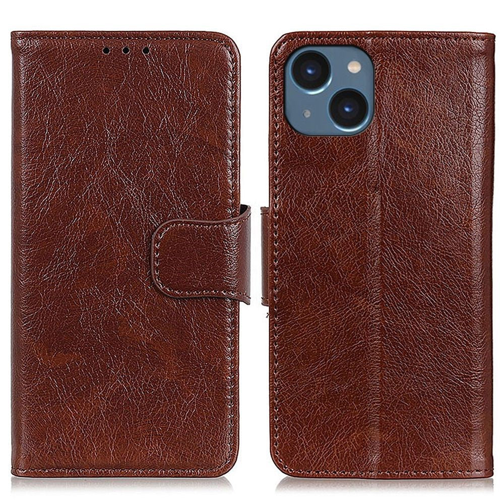 Split Leather Nappa Texture Phone Case for iPhone 14 6.1 inch, Magnetic Closure Stand Wallet Anti-drop Phone Cover Shockproof Mobile Phone Shell