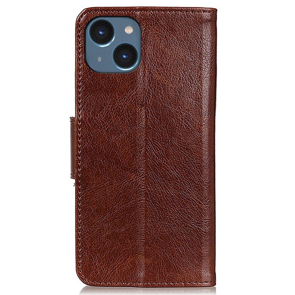 Split Leather Nappa Texture Phone Case for iPhone 14 6.1 inch, Magnetic Closure Stand Wallet Anti-drop Phone Cover Shockproof Mobile Phone Shell