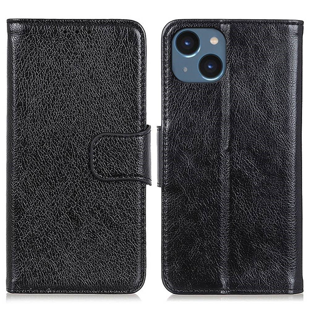 Split Leather Nappa Texture Phone Case for iPhone 14 6.1 inch, Magnetic Closure Stand Wallet Anti-drop Phone Cover Shockproof Mobile Phone Shell