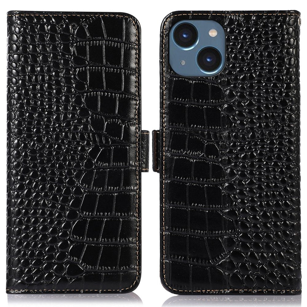 Crocodile Texture Phone Case for iPhone 14 6.1 inch, Genuine Cowhide Leather RFID Blocking Stand Wallet Cover