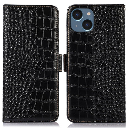 Crocodile Texture Phone Case for iPhone 14 6.1 inch, Genuine Cowhide Leather RFID Blocking Stand Wallet Cover