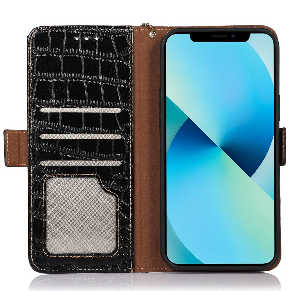Crocodile Texture Phone Case for iPhone 14 6.1 inch, Genuine Cowhide Leather RFID Blocking Stand Wallet Cover
