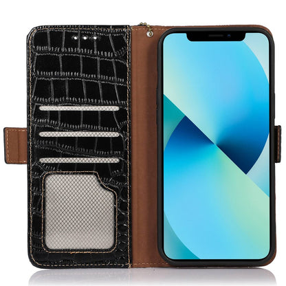 Crocodile Texture Phone Case for iPhone 14 6.1 inch, Genuine Cowhide Leather RFID Blocking Stand Wallet Cover