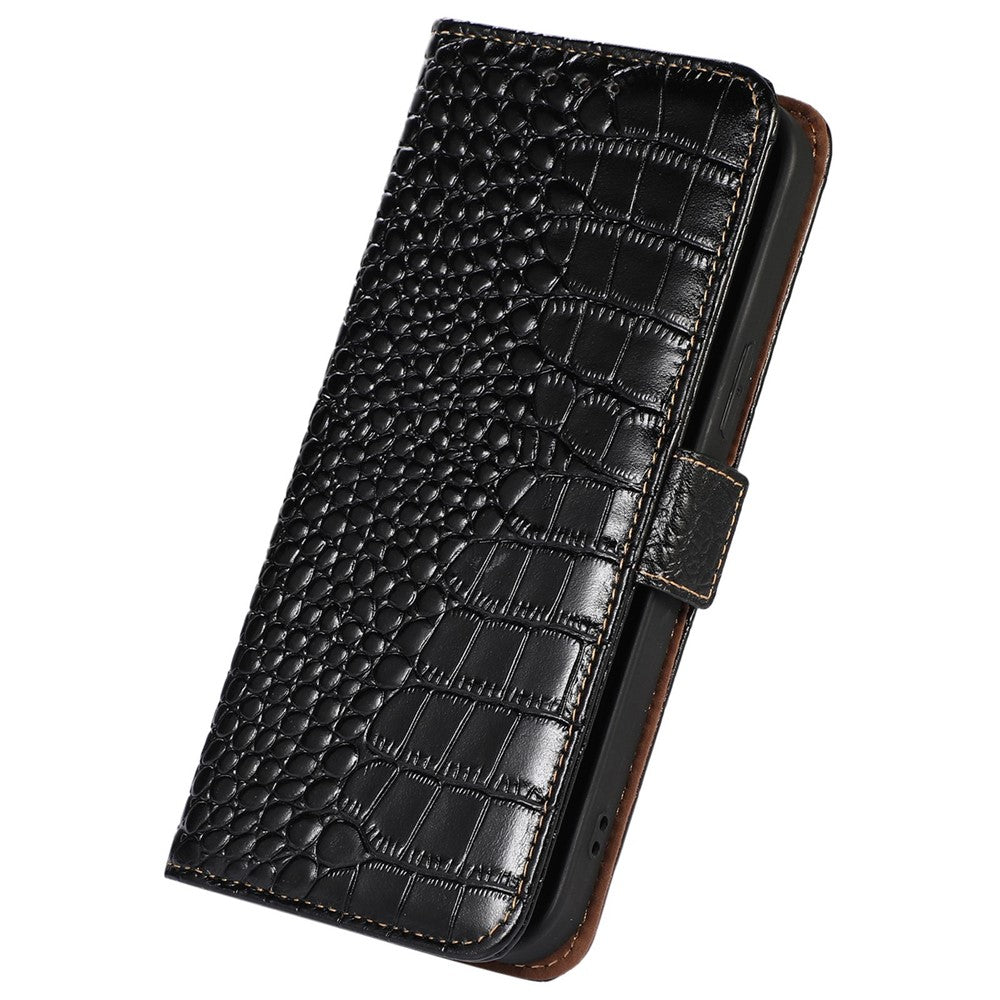 Crocodile Texture Phone Case for iPhone 14 6.1 inch, Genuine Cowhide Leather RFID Blocking Stand Wallet Cover