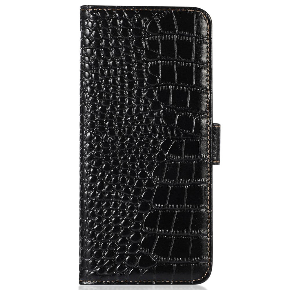 Crocodile Texture Phone Case for iPhone 14 6.1 inch, Genuine Cowhide Leather RFID Blocking Stand Wallet Cover