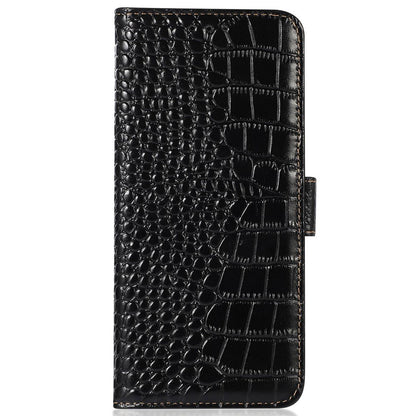 Crocodile Texture Phone Case for iPhone 14 6.1 inch, Genuine Cowhide Leather RFID Blocking Stand Wallet Cover