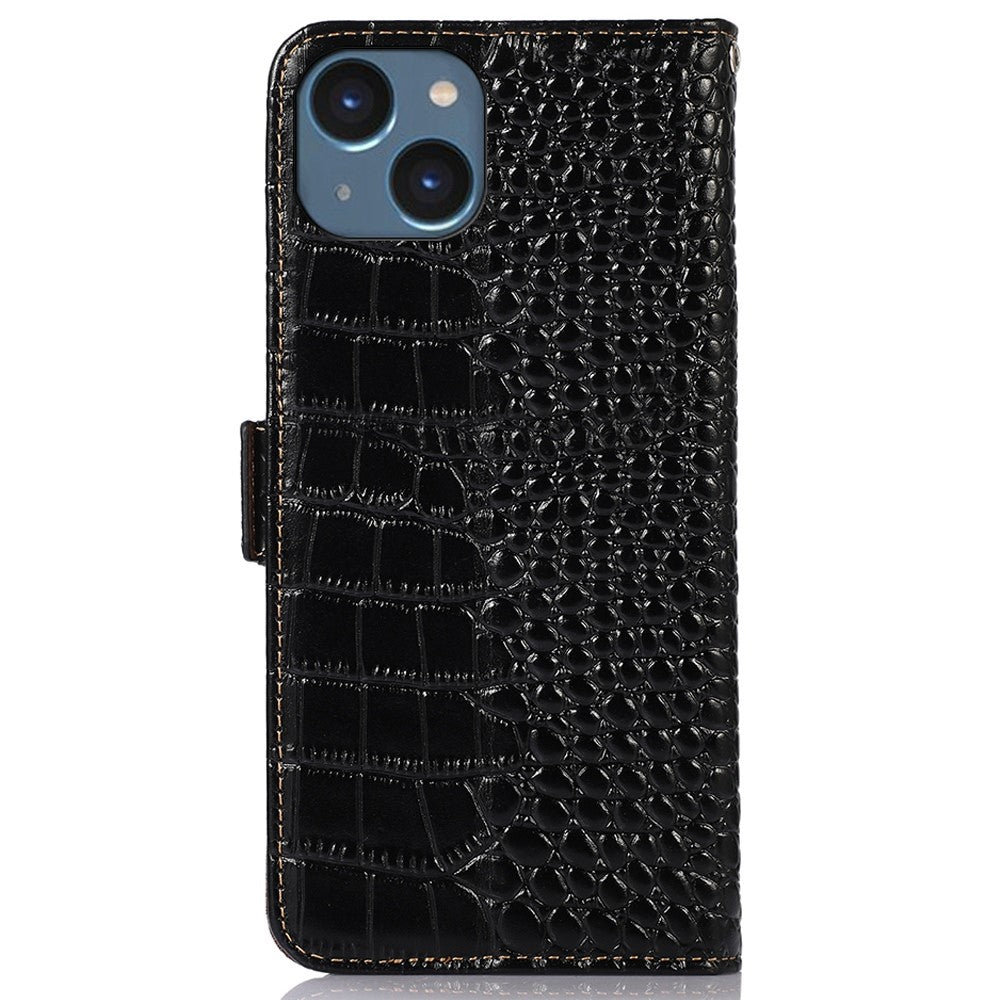 Crocodile Texture Phone Case for iPhone 14 6.1 inch, Genuine Cowhide Leather RFID Blocking Stand Wallet Cover