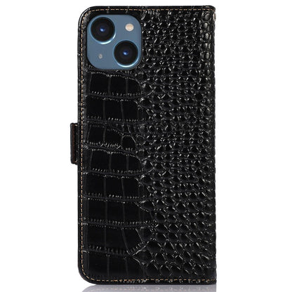 Crocodile Texture Phone Case for iPhone 14 6.1 inch, Genuine Cowhide Leather RFID Blocking Stand Wallet Cover