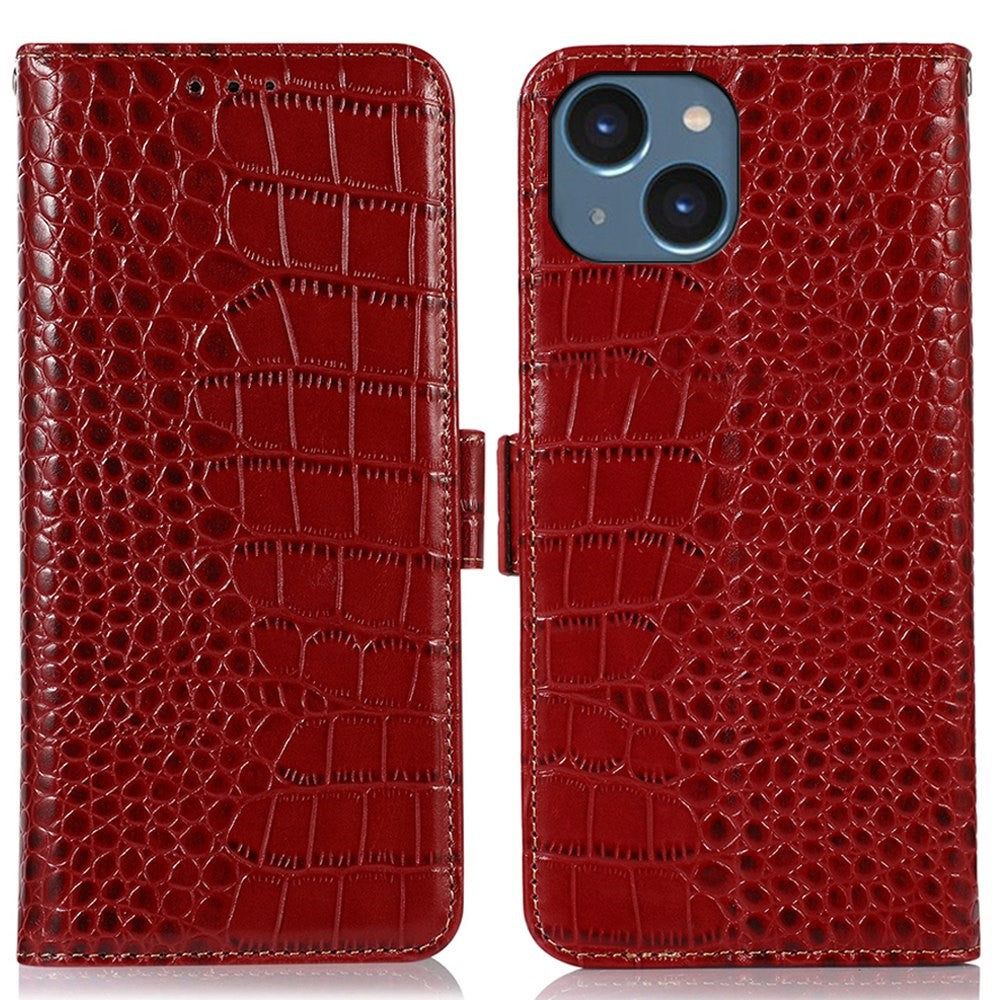 Crocodile Texture Phone Case for iPhone 14 6.1 inch, Genuine Cowhide Leather RFID Blocking Stand Wallet Cover