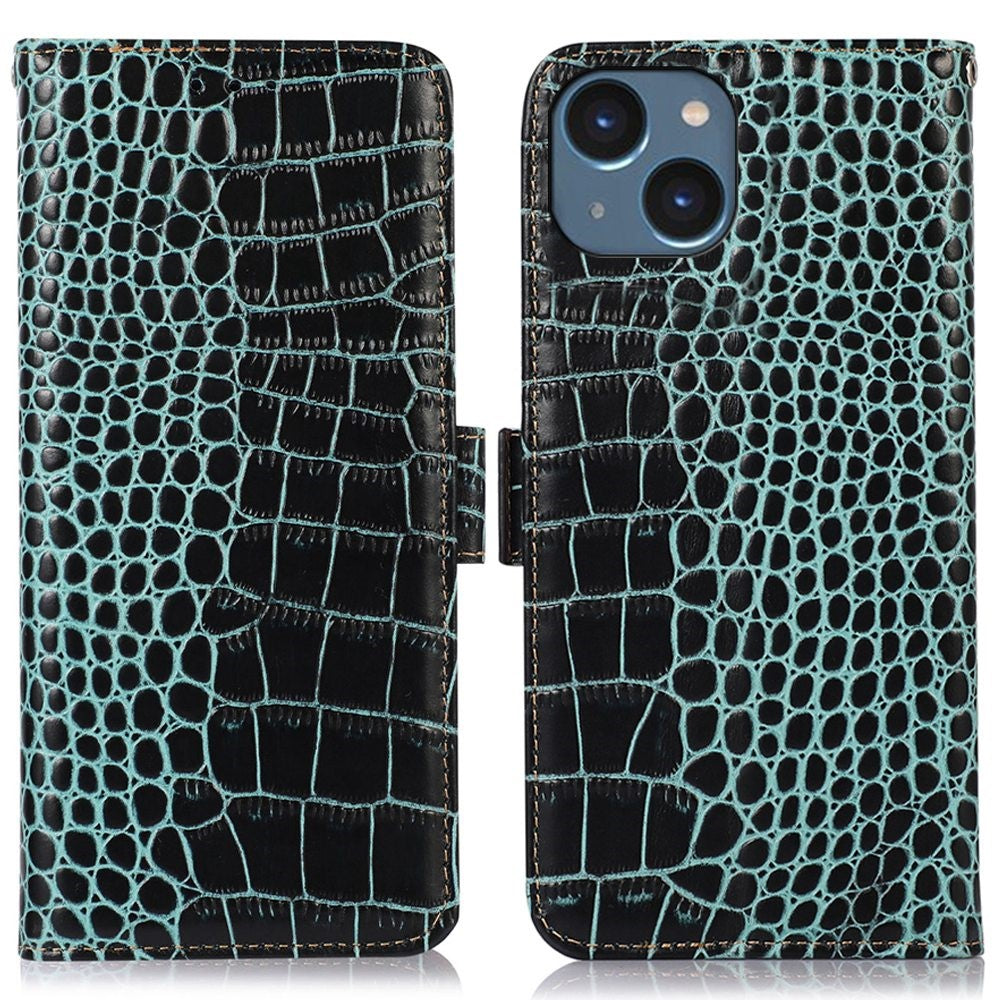Crocodile Texture Phone Case for iPhone 14 6.1 inch, Genuine Cowhide Leather RFID Blocking Stand Wallet Cover