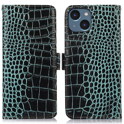 Crocodile Texture Phone Case for iPhone 14 6.1 inch, Genuine Cowhide Leather RFID Blocking Stand Wallet Cover