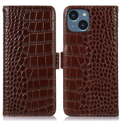 Crocodile Texture Phone Case for iPhone 14 6.1 inch, Genuine Cowhide Leather RFID Blocking Stand Wallet Cover