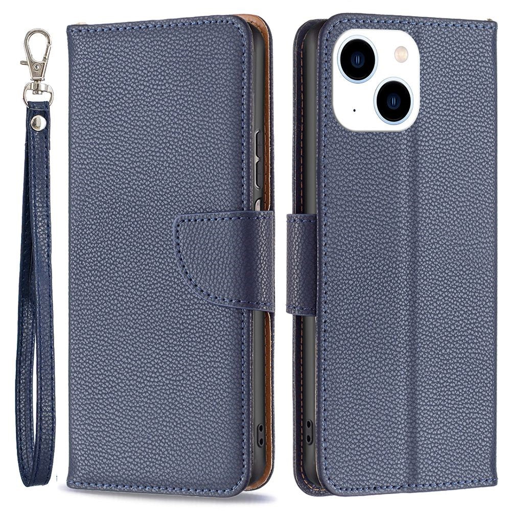 For iPhone 14 Wallet Case Litchi Texture Flip Leather Mobile Cover Stand with Strap