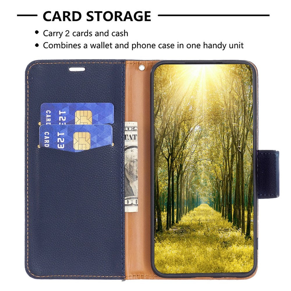 For iPhone 14 Wallet Case Litchi Texture Flip Leather Mobile Cover Stand with Strap
