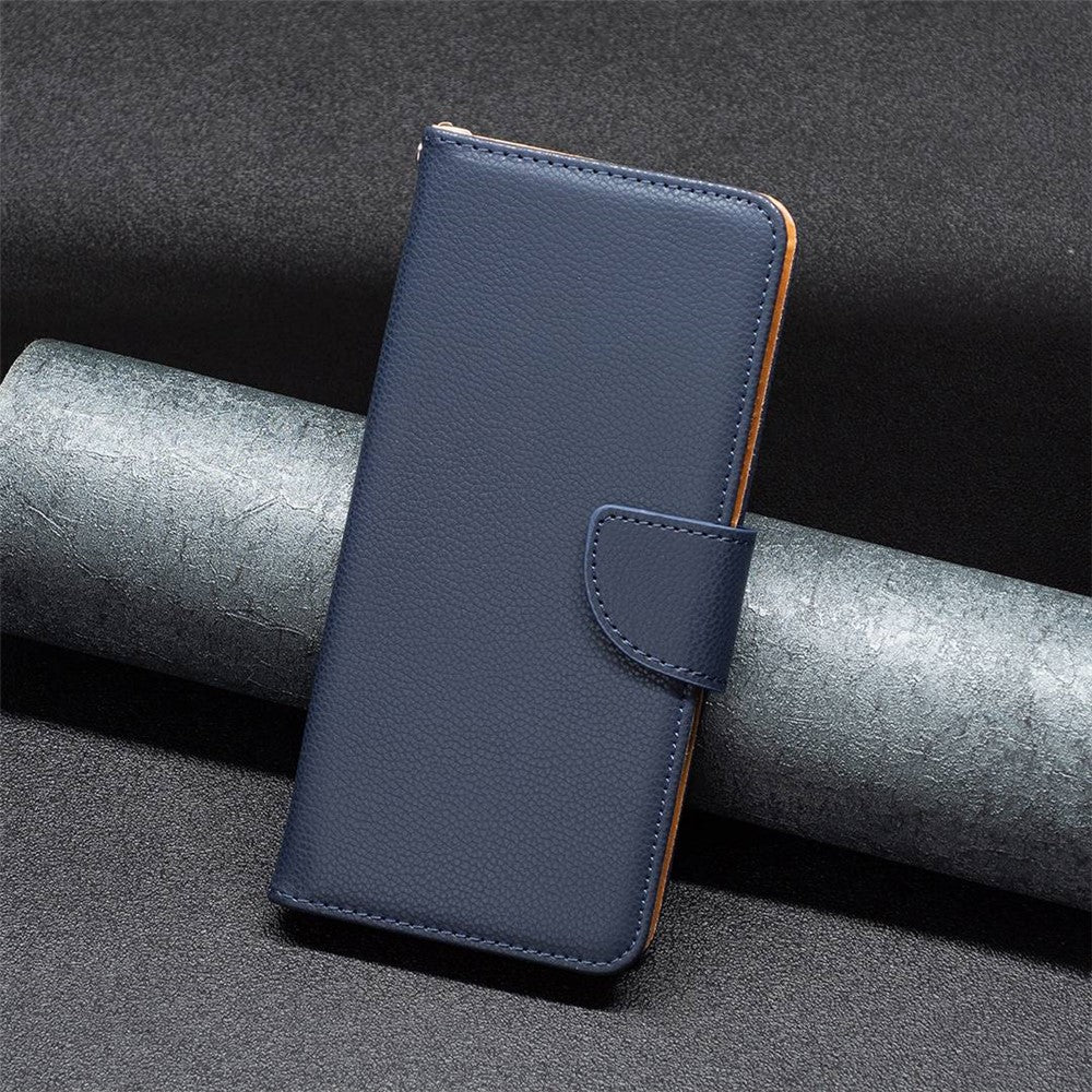 For iPhone 14 Wallet Case Litchi Texture Flip Leather Mobile Cover Stand with Strap