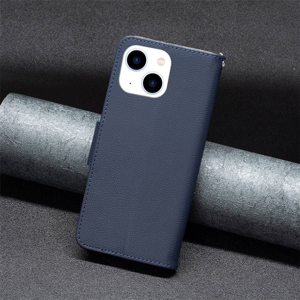 For iPhone 14 Wallet Case Litchi Texture Flip Leather Mobile Cover Stand with Strap
