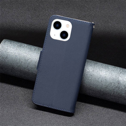 For iPhone 14 Wallet Case Litchi Texture Flip Leather Mobile Cover Stand with Strap